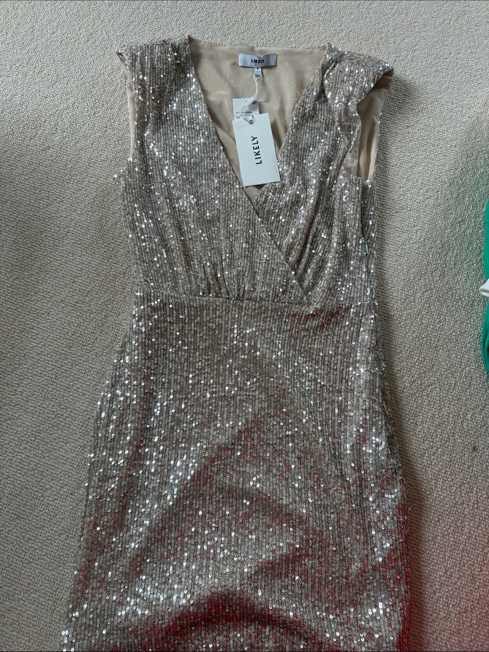 Likely Champagne Sequin Midi Dress with Wrap V-Neck